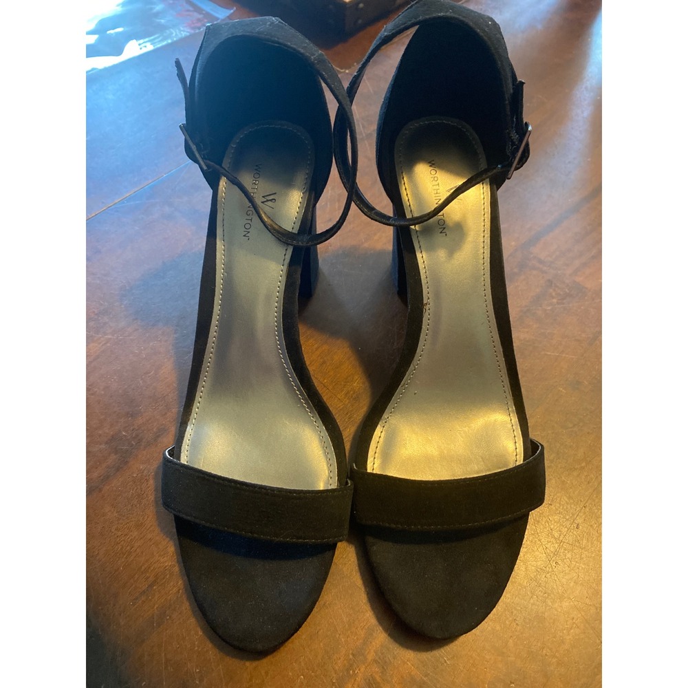 Worthington Beckwith Black Faux Suede Block Heel Ankle Strap Sandals Size 9.5M